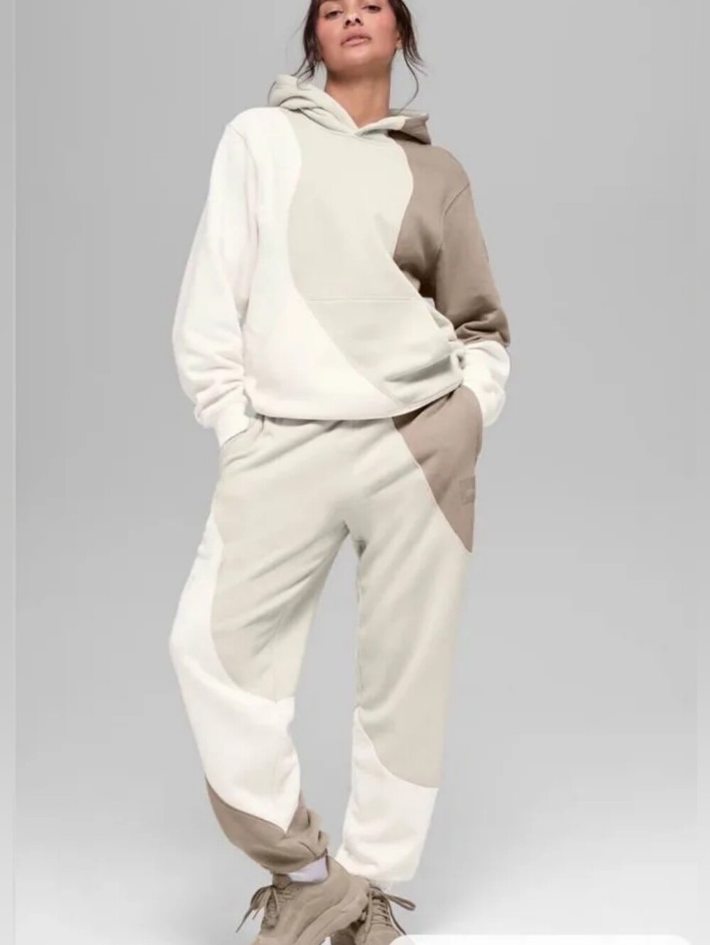 ALO Yoga 2pc Set Make Waves Hoodie & Joggers Sweatpants Ivory Bone Gravel SMALL